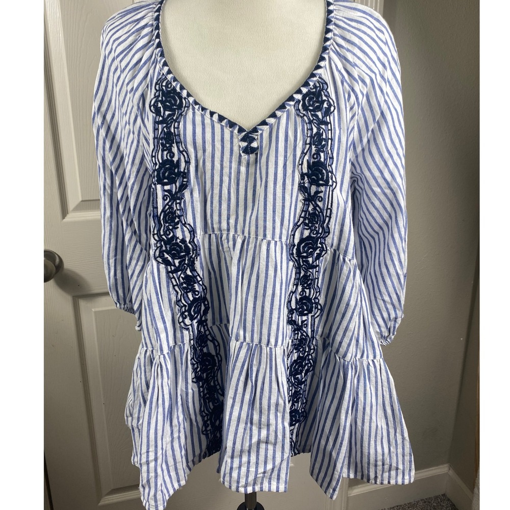 Melissa Paige Women's M Linen‎ Blend Tunic Blue Striped Tiered Coastal Cool Boho